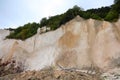 white cliff of calcium carbonate being eroded by weather elements and plants on the top at risk of collapse Royalty Free Stock Photo