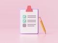 White clipboard with checklist on pink background. 3d render illustration