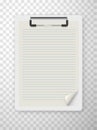 White clipboard with empty ruled sheet realistic template blank. Document holder with lined paper