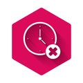 White Clock delete icon isolated with long shadow. Time symbol. Pink hexagon button. Vector