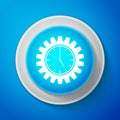 White Clock gear icon isolated on blue background. Circle blue button with white line. Vector Illustration. Royalty Free Stock Photo