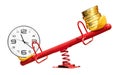 White clock and gold coin on red seesaw isolated on white background with clipping path. Time management concept