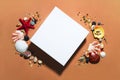 White close square gift box mockup template with copy space. Package clipart. Summer modern concept on orange background