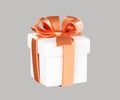 White closed gift box with bronze ribbon and bow 3d render illustration Royalty Free Stock Photo