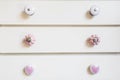 White closet doors with colorful knobs