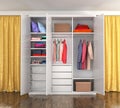 White closet with open doors in a room with yellow curtains. Clothes in the close