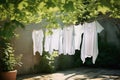 White clothes laundry hanging on the clothline in the garden on bright and sunny summer day Royalty Free Stock Photo