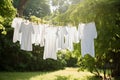 White clothes laundry hanging on the clothline in the garden on bright and sunny summer day Royalty Free Stock Photo