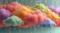 White cloud and colorful confetti and ribbons on magenta backgrounds. Creative concept of fun, celebration. Festival atmosphere. Royalty Free Stock Photo