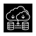White cloud data storage icon with download arrows and server stacks on black background cloud computing Royalty Free Stock Photo