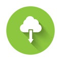 White Cloud download icon isolated with long shadow background. Green circle button. Vector Royalty Free Stock Photo