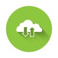 White Cloud download and upload icon isolated with long shadow background. Green circle button. Vector Royalty Free Stock Photo