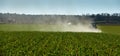 White cloud of dust whirled up by a tractor in the field and blown away by the wind Royalty Free Stock Photo