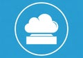 White cloud icon inside a circle on a blue background. The cloud sits atop a rectangular base, Royalty Free Stock Photo