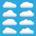 White cloud icon set. Fluffy clouds. Cloudy weather sign symbols. Flat design Web, app decoration element. Vector illustration Royalty Free Stock Photo