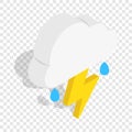 White cloud with lightning and rain drops icon