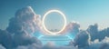 White cloud podium scene with a blue background and glowing circle for a product presentation mock up. Generative AI. Royalty Free Stock Photo