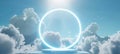 White cloud podium scene with a blue background and glowing circle for a product presentation mock up. Generative AI. Royalty Free Stock Photo