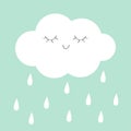 White cloud rain drop icon. Smiling sleeping face. Fluffy clouds. Cute cartoon kawaii cloudscape. Love card. Cloudy weather sign Royalty Free Stock Photo