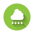 White Cloud with rain icon isolated with long shadow background. Rain cloud precipitation with rain drops. Green circle Royalty Free Stock Photo