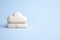 White cloud on rectangular block with upward arrow on light blue background Royalty Free Stock Photo