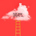 White cloud on a red background and a Dream phrase. Creative concept, minimalism