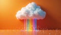 White cloud releases colorful data streams onto orange background. Digital art abstract concept connects to cloud computing Royalty Free Stock Photo