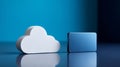 A white cloud-shaped object is next to a blue box on the surface with reflection of both objects visible in background and Royalty Free Stock Photo
