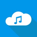White cloud with sign of music on blue background with shadow simple audio icon