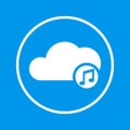 White cloud with sign of music on blue background with shadow simple audio icon