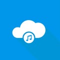 White cloud with sign of music on blue background with shadow simple audio icon