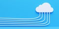 White cloud symbol with white cables connecting to it on blue wall and floor background, cloud storage, connection or internet Royalty Free Stock Photo