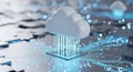 White cloud symbol connected by blue light beams to a computer chip technology cloud computing Royalty Free Stock Photo