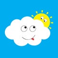 White cloud and yellow sun set looking to each other. Smiling face, tongue. Royalty Free Stock Photo