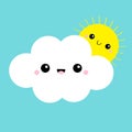 White cloud and yellow sun set. Smiling face, tongue. Love friend couple. Fluffy clouds. Cute cartoon kawaii cloudscape. Cloudy