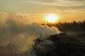 White cloudiness, mist or smog moves on sky background in the afternoon with sunset. Huge white smoke clouds on sky background