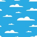 White clouds on blue background. Sky seamlesss pattern. Cartoon modern white clouds in flat design isolated. Design for Royalty Free Stock Photo