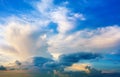 White clouds on blue sky background close up, colorful sunrise cloudy skies, beautiful azure and yellow cloudiness heaven sunseT