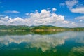 White clouds blue sky beautiful lake with wonderful mirror reflecion