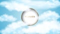White clouds blue sky vector background with golden round frame and white cut center. Minimal cloud scene, product or logo