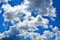 White clouds float across a bright blue sky on a Sunny day. Beautiful atmospheric phenomenon. Natural horizontal background