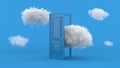 White clouds going through, flying out, open blue door, objects isolated on bright blue background. Abstract metaphor, modern Royalty Free Stock Photo