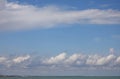 White clouds of various types and sizes layered in the blue sky and a village by the sea on horizon Royalty Free Stock Photo