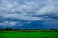 White cloudy sky and blue sky background over the local rice fields in countryside landscape of Thailand Royalty Free Stock Photo