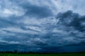 White cloudy sky and blue sky background over the local rice fields in countryside landscape of Thailand