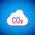 White CO2 emissions in cloud icon isolated on blue background. Carbon dioxide formula, smog pollution concept Royalty Free Stock Photo