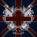 White Coat of Arms With Oval Frame and Vintage Weapons on Britain Flag Background