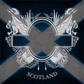 White Coat of Arms With Oval Frame and Vintage Weapons on Scotland Flag Background
