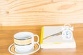 White table ,pen , note,coffee cup on wood table