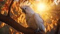 A white cockatoo perched on a sun-dappled branch,